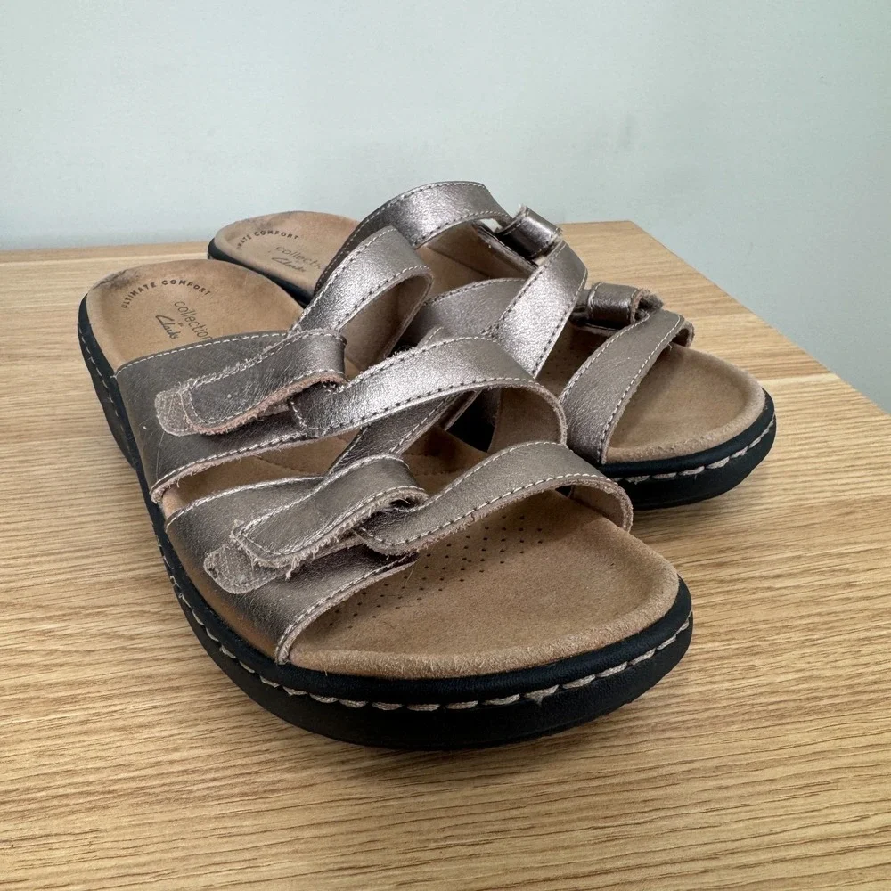 Clarks Collection Gold Metallic Merliah Karli Leather Slide Sandals Size 8 Exc!